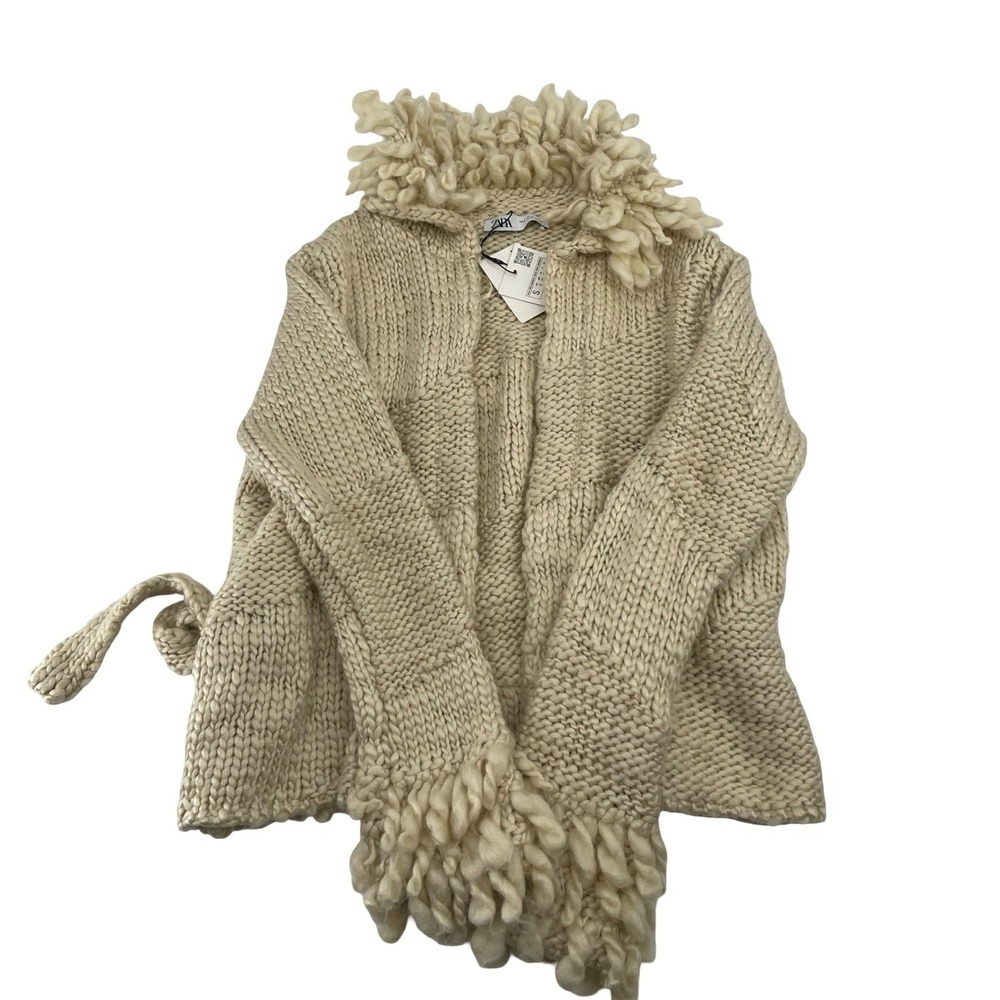 Zara Women's Cardigan Chunky Knit Beige Wool Blend Small